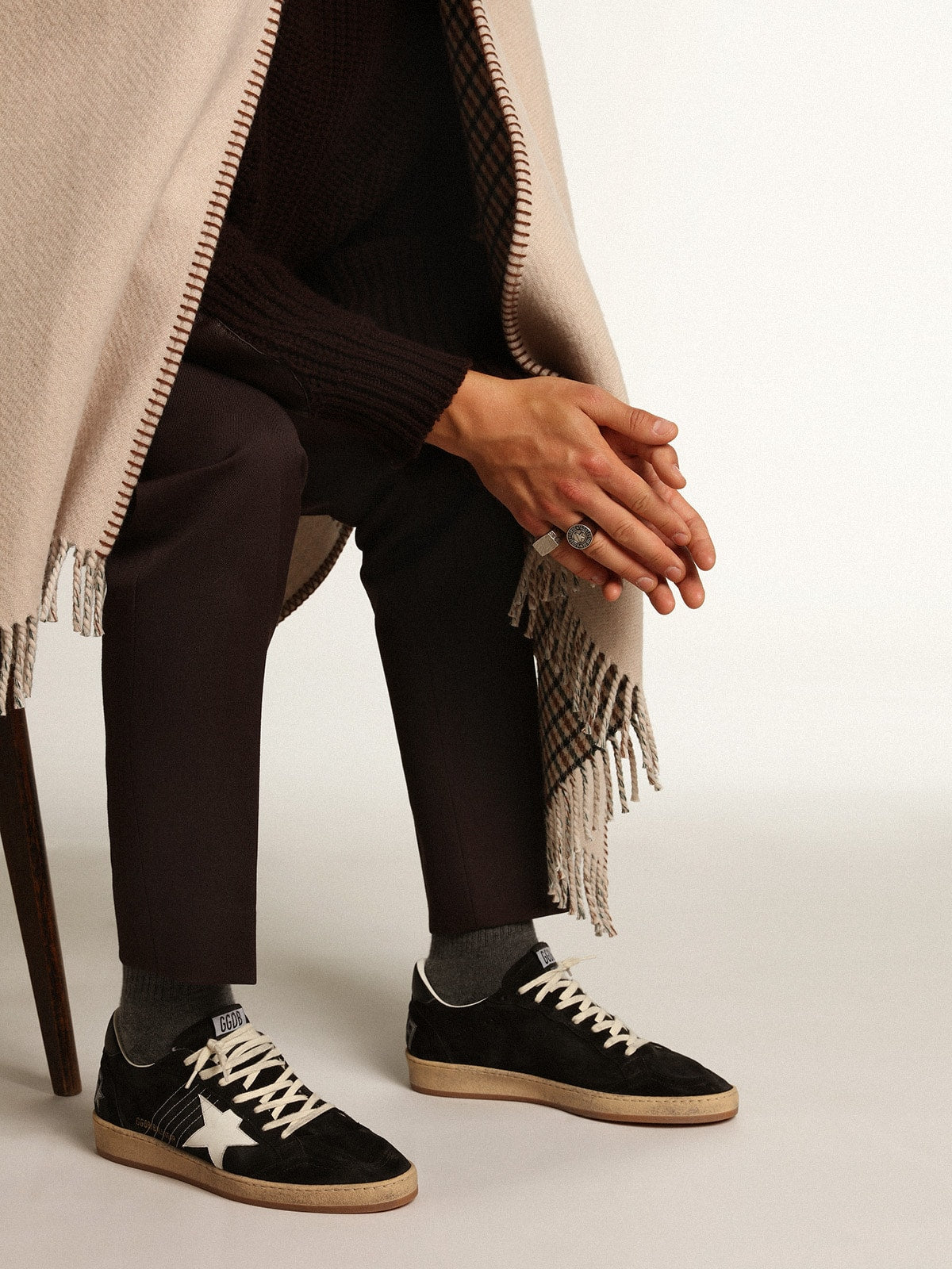 Golden Goose Mens Ball Star In Black Suede With White Leather Star Mens
