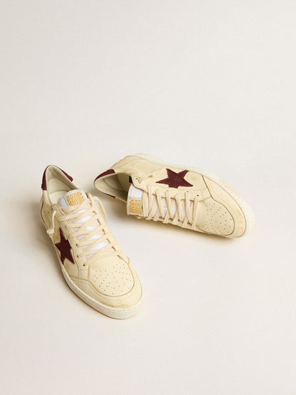 Golden Goose Mens Ball Star In Beige Nappa With Burgundy Mesh Star And Heel Tab Mens