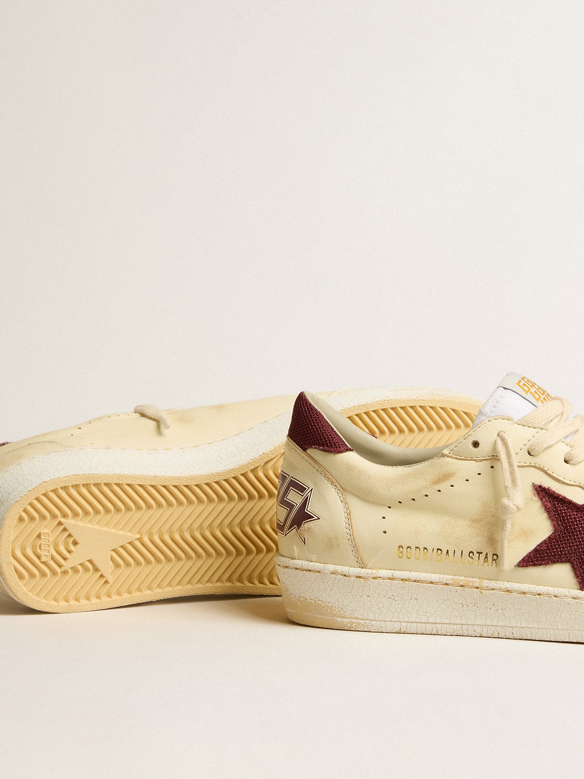 Golden Goose Mens Ball Star In Beige Nappa With Burgundy Mesh Star And Heel Tab Mens