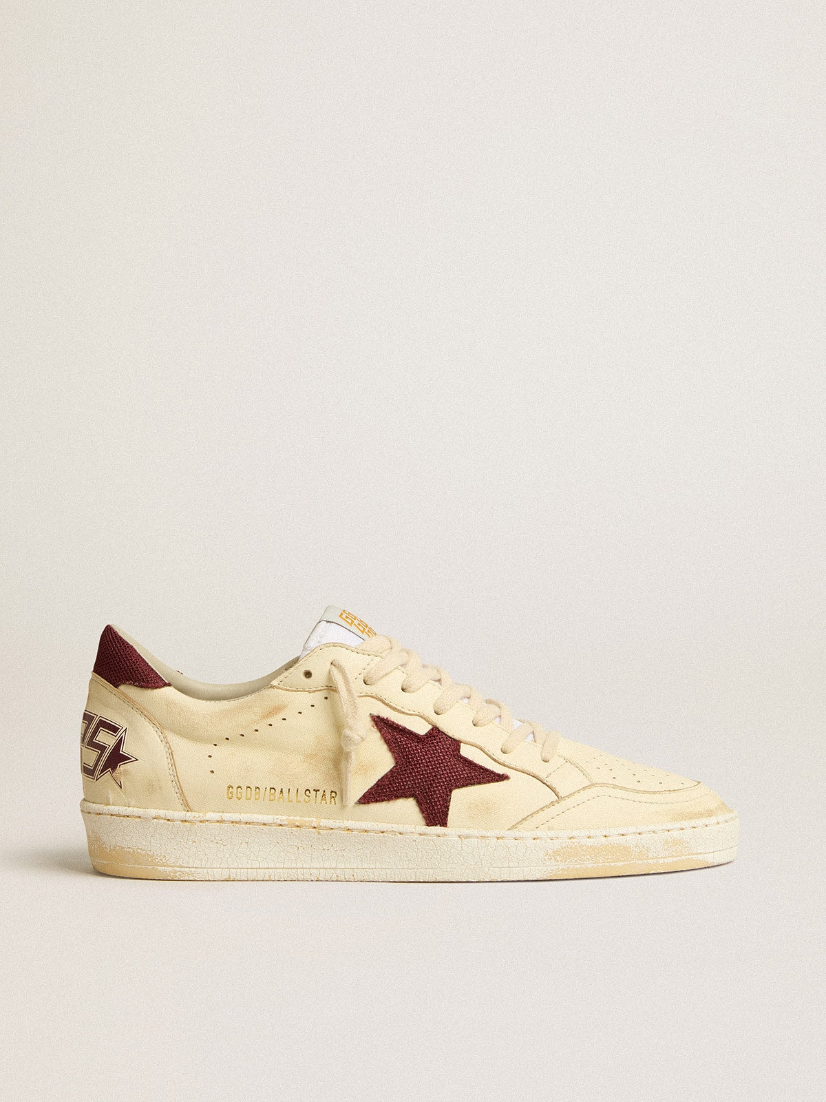 Golden Goose Mens Ball Star In Beige Nappa With Burgundy Mesh Star And Heel Tab Mens