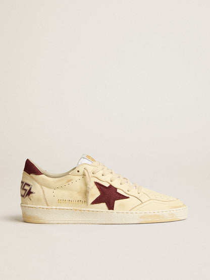 Golden Goose Mens Ball Star In Beige Nappa With Burgundy Mesh Star And Heel Tab Mens