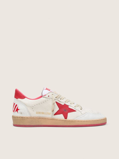 Golden Goose Mens Ball Star Wishes In White Leather With A Red Star And Heel Tab Mens