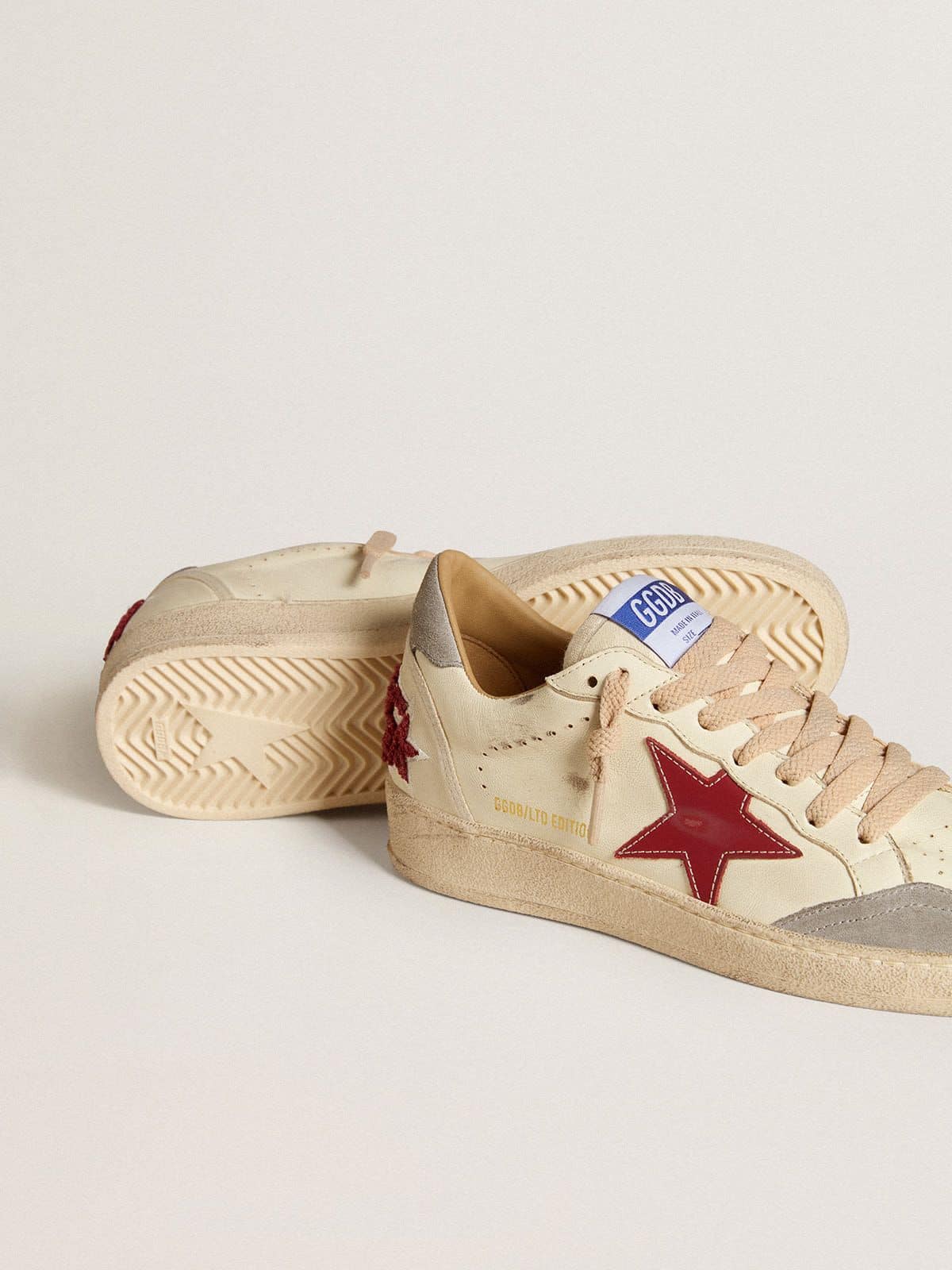Golden Goose Mens Ball Star Ltd In Nappa Leather With Red Leather Star And Gray Suede Heel Tab Mens