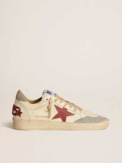 Golden Goose Mens Ball Star Ltd In Nappa Leather With Red Leather Star And Gray Suede Heel Tab Mens