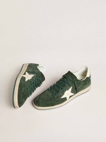 Golden Goose Mens Ball Star In Green Suede With White Leather Star And Heel Tab Mens