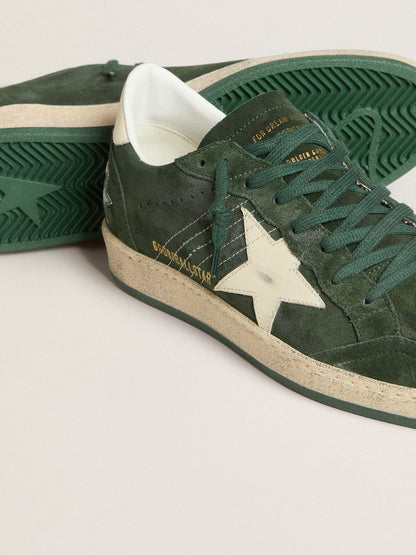 Golden Goose Mens Ball Star In Green Suede With White Leather Star And Heel Tab Mens