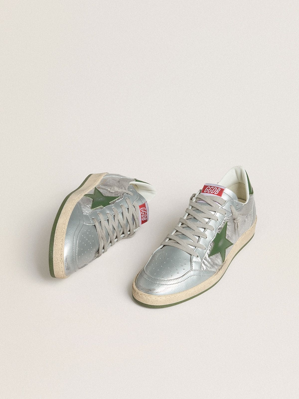 Golden Goose Mens Ball Star In Silver Nylon With Green Leather Star And Heel Tab Mens