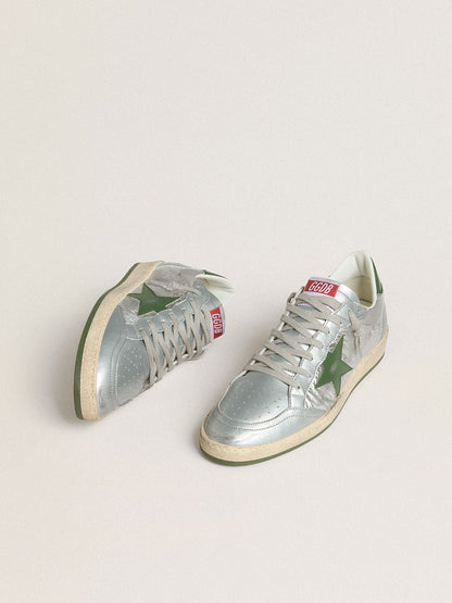 Golden Goose Mens Ball Star In Silver Nylon With Green Leather Star And Heel Tab Mens