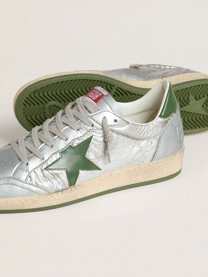 Golden Goose Mens Ball Star In Silver Nylon With Green Leather Star And Heel Tab Mens