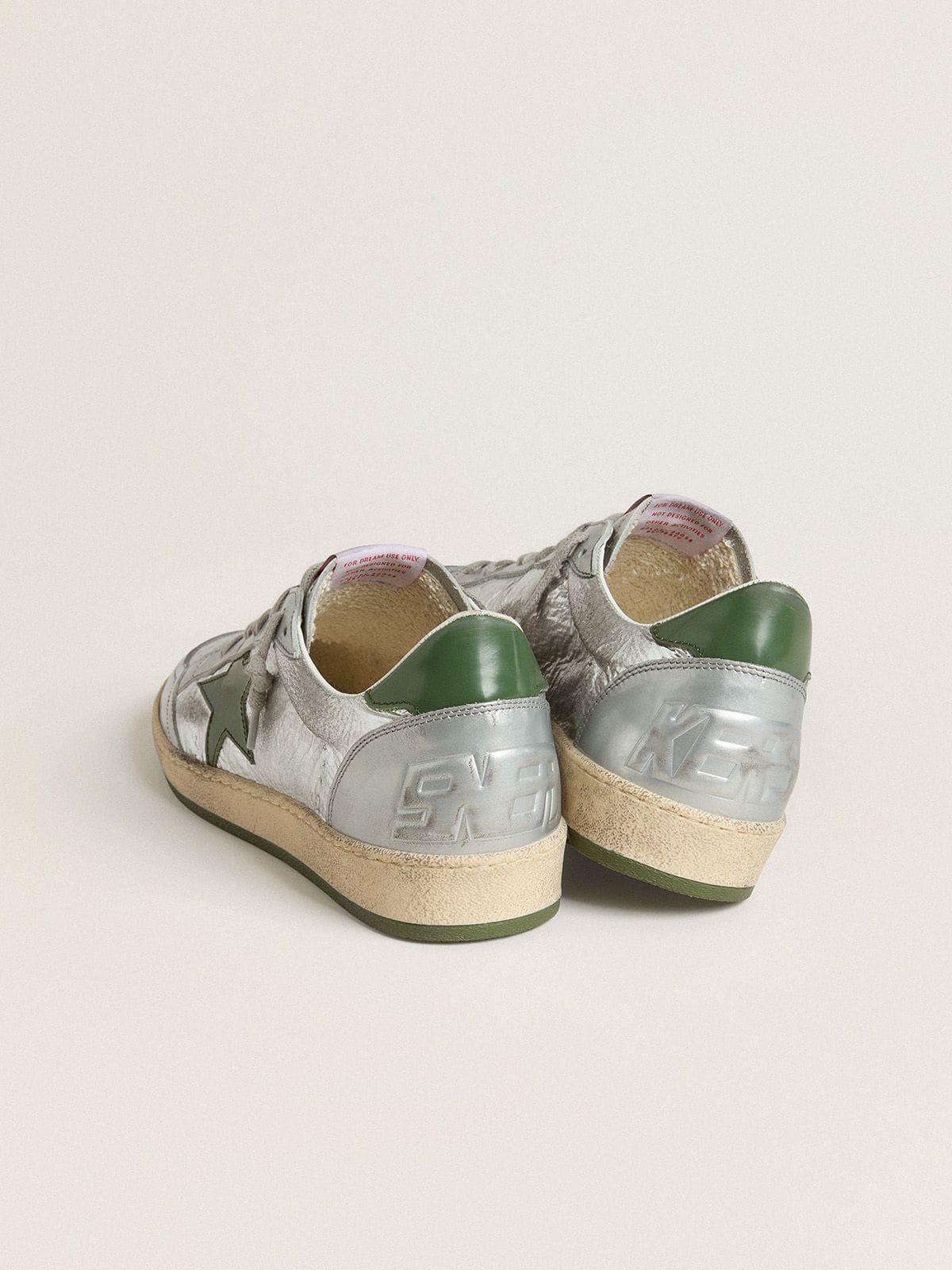 Golden Goose Mens Ball Star In Silver Nylon With Green Leather Star And Heel Tab Mens