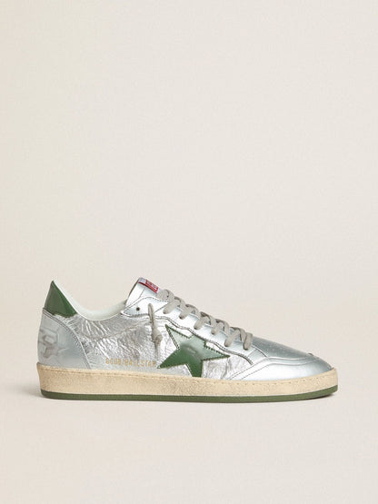 Golden Goose Mens Ball Star In Silver Nylon With Green Leather Star And Heel Tab Mens