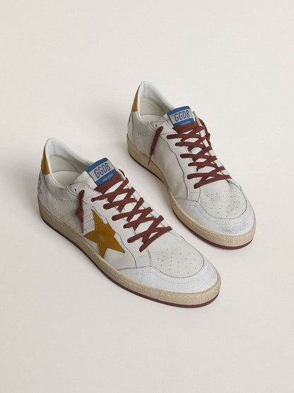 Golden Goose Mens Ball Star In White Nappa Leather With Yellow Animal-Print Leather Star And Heel Tab Mens