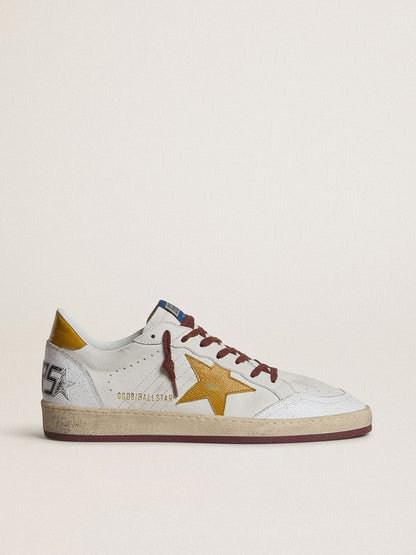 Golden Goose Mens Ball Star In White Nappa Leather With Yellow Animal-Print Leather Star And Heel Tab Mens