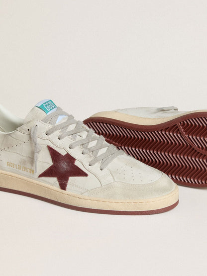 Golden Goose Mens Ball Star In Crocodile-Print Nubuck With Burgundy Suede Star Mens