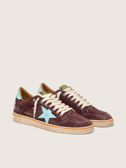 Golden Goose Mens Ball Star In Dark Red Suede With Light Blue Star And Heel Tab Mens