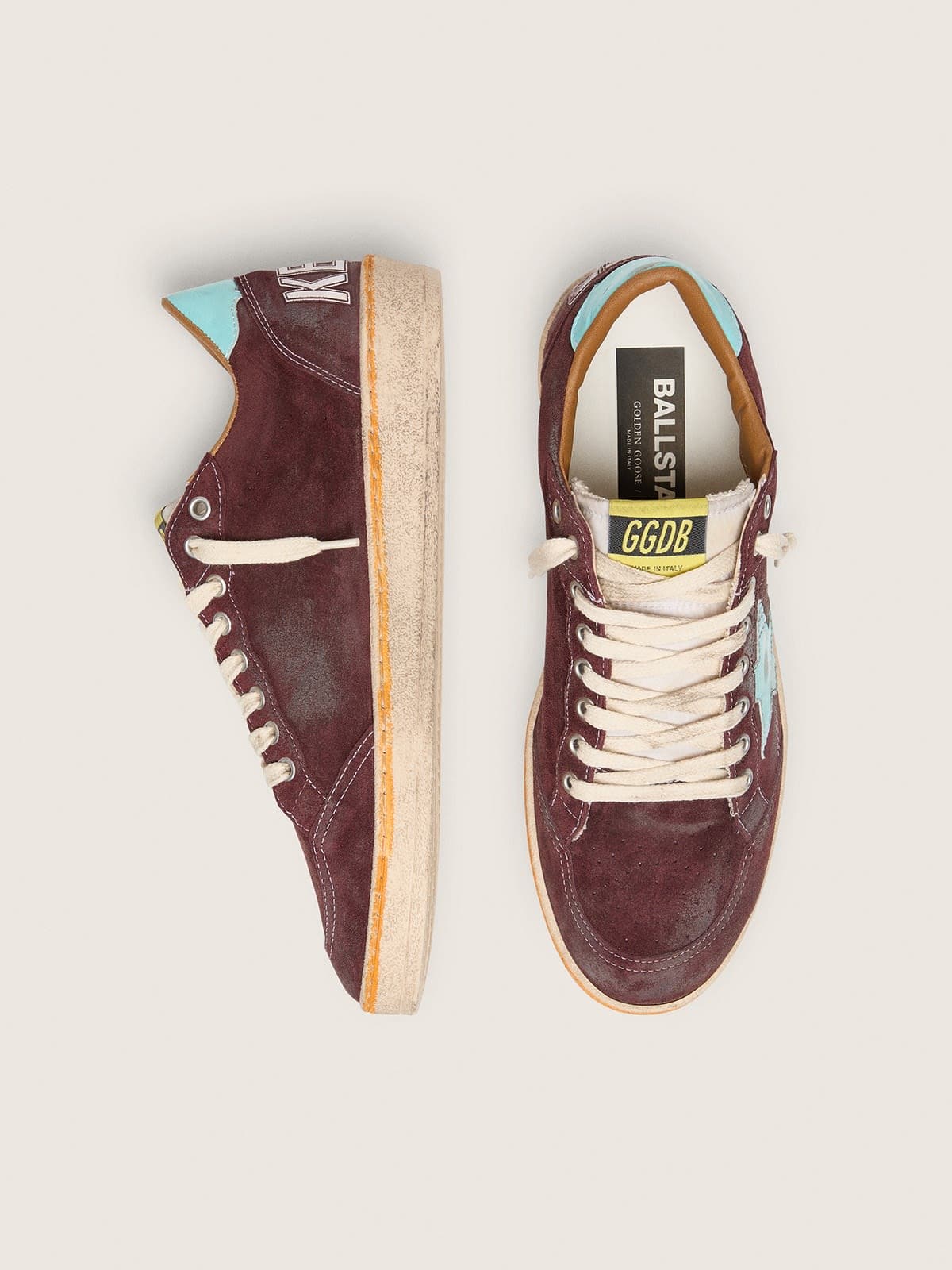 Golden Goose Mens Ball Star In Dark Red Suede With Light Blue Star And Heel Tab Mens