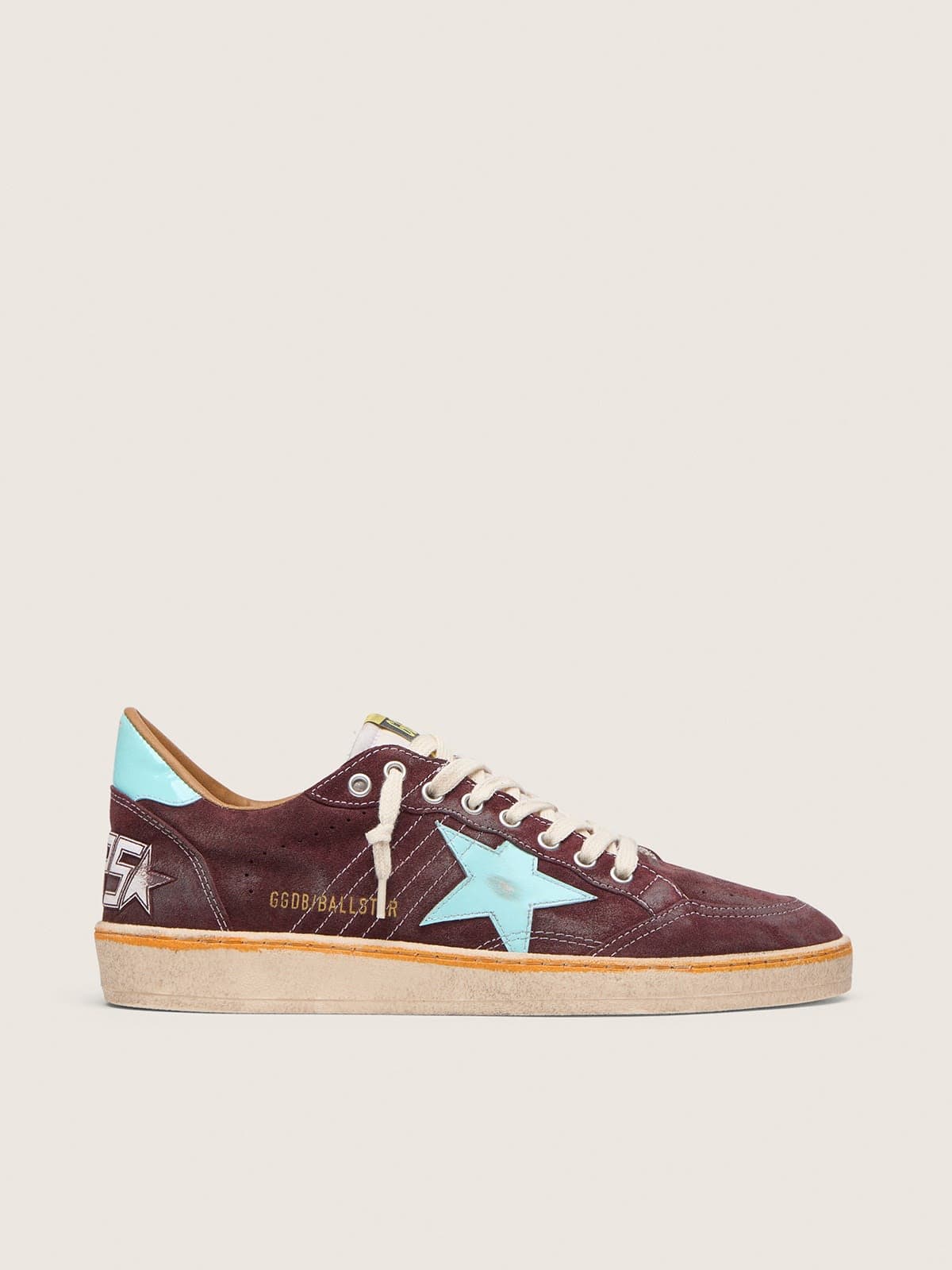 Golden Goose Mens Ball Star In Dark Red Suede With Light Blue Star And Heel Tab Mens