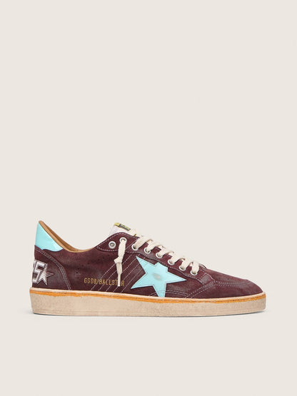 Golden Goose Mens Ball Star In Dark Red Suede With Light Blue Star And Heel Tab Mens
