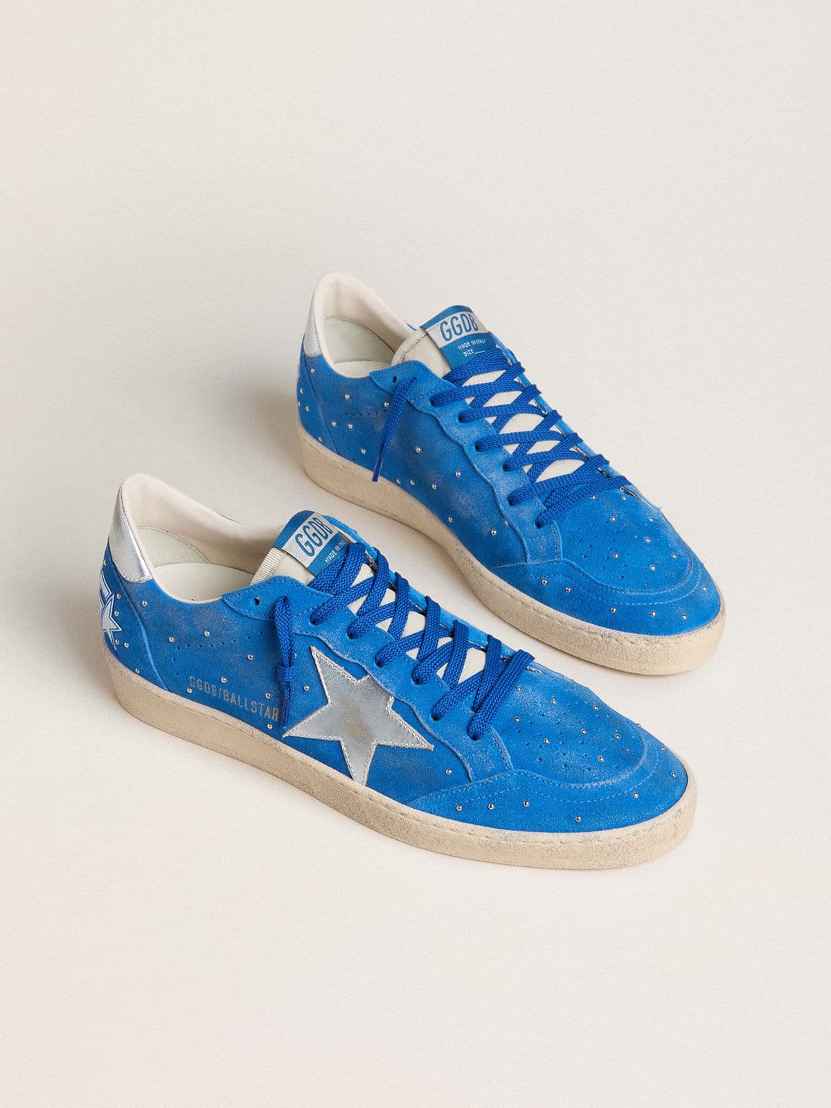 Golden Goose Mens Ball Star In Light Blue Suede With Studs And Silver Metallic Leather Star Mens