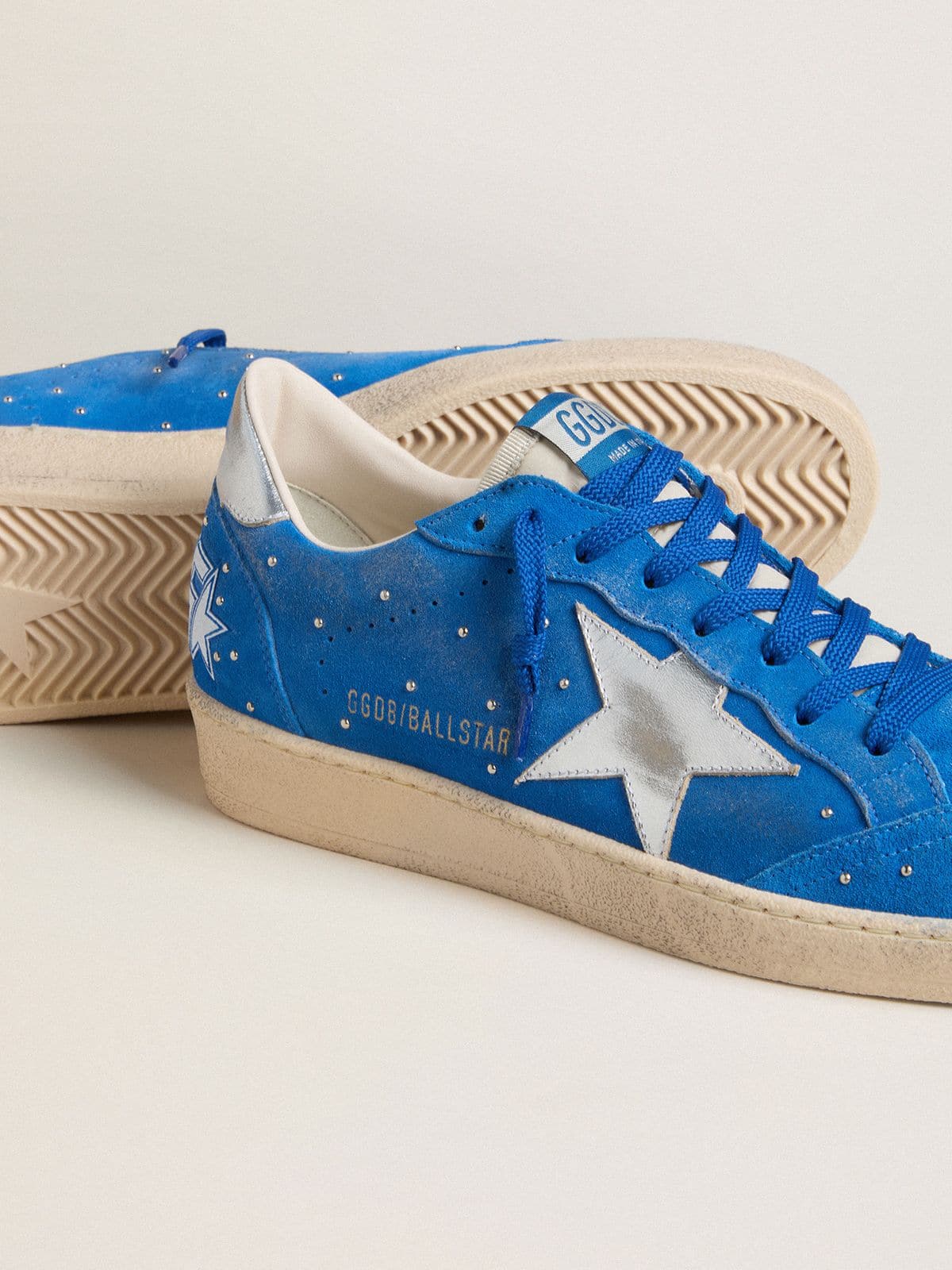 Golden Goose Mens Ball Star In Light Blue Suede With Studs And Silver Metallic Leather Star Mens