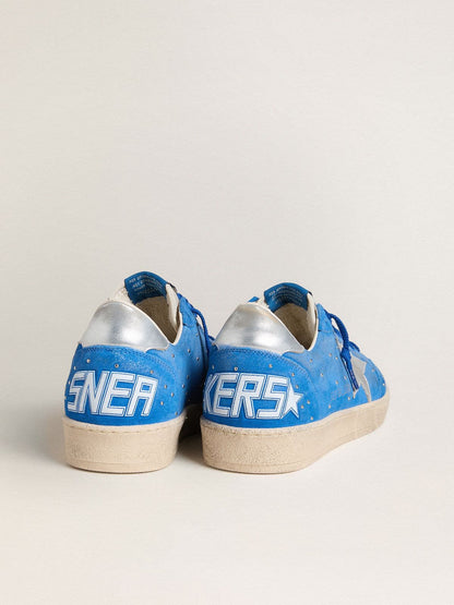 Golden Goose Mens Ball Star In Light Blue Suede With Studs And Silver Metallic Leather Star Mens