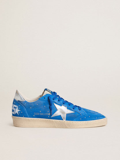 Golden Goose Mens Ball Star In Light Blue Suede With Studs And Silver Metallic Leather Star Mens