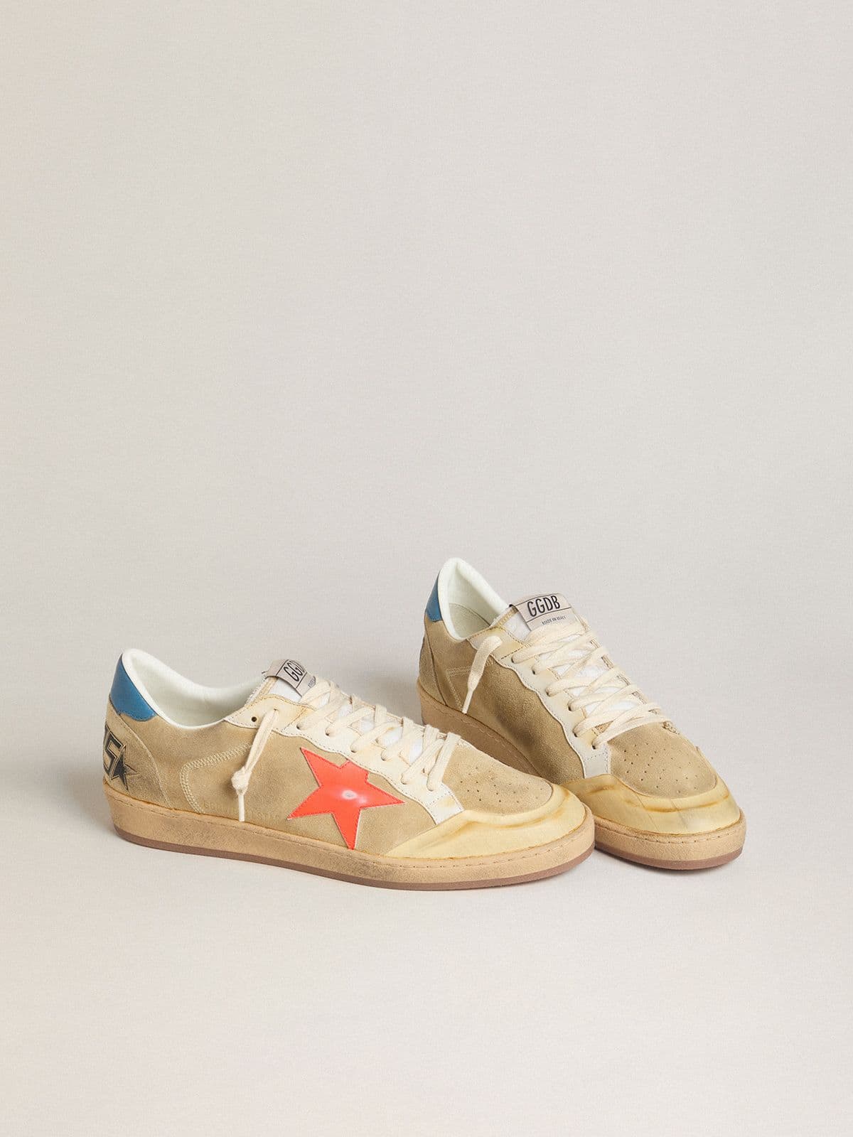 Golden Goose Mens Ball Star In Beige Suede With Coral Leather Star And Blue Nappa Heel Tab Mens