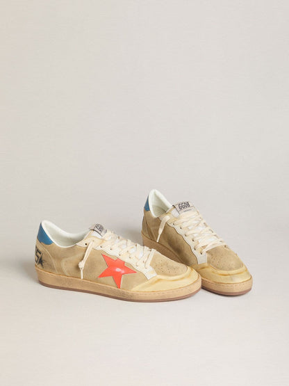 Golden Goose Mens Ball Star In Beige Suede With Coral Leather Star And Blue Nappa Heel Tab Mens