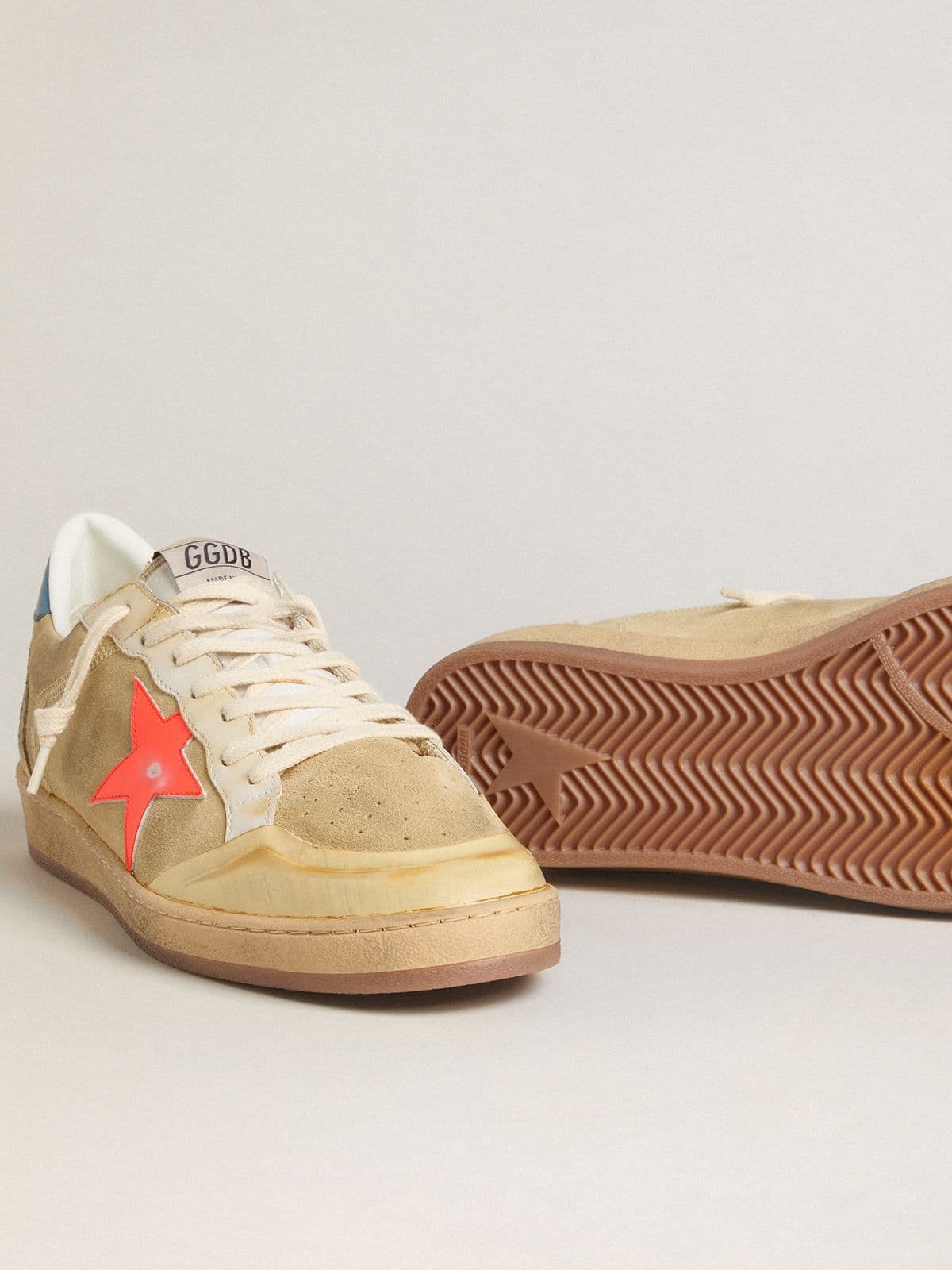 Golden Goose Mens Ball Star In Beige Suede With Coral Leather Star And Blue Nappa Heel Tab Mens