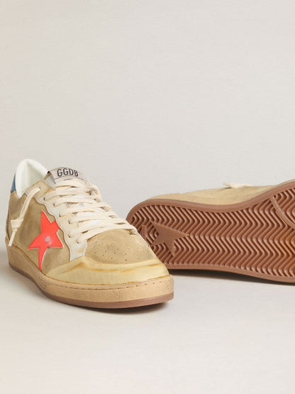 Golden Goose Mens Ball Star In Beige Suede With Coral Leather Star And Blue Nappa Heel Tab Mens