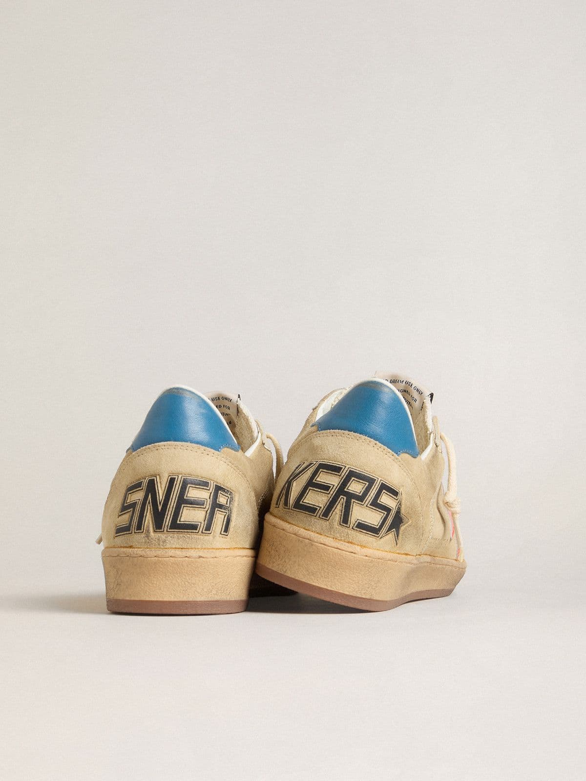 Golden Goose Mens Ball Star In Beige Suede With Coral Leather Star And Blue Nappa Heel Tab Mens