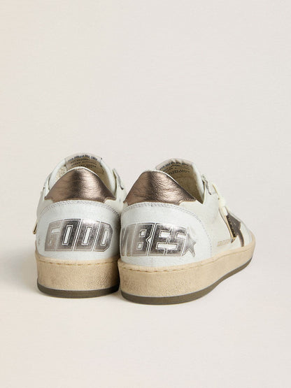 Golden Goose Mens Ball Star In White Nappa Leather With Bronze-Colored Laminated Leather Star And Heel Tab Mens
