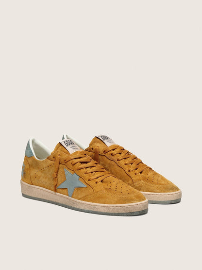 Golden Goose Mens Ball Star In Ocher Suede With Leather Star And Light Blue Suede Heel Tab Mens