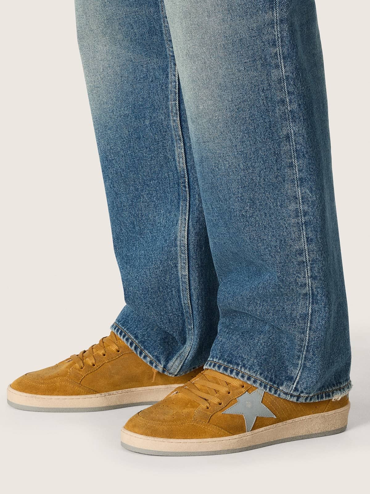 Golden Goose Mens Ball Star In Ocher Suede With Leather Star And Light Blue Suede Heel Tab Mens