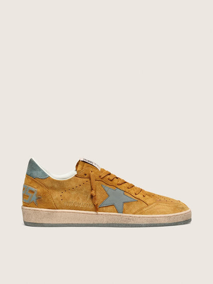 Golden Goose Mens Ball Star In Ocher Suede With Leather Star And Light Blue Suede Heel Tab Mens