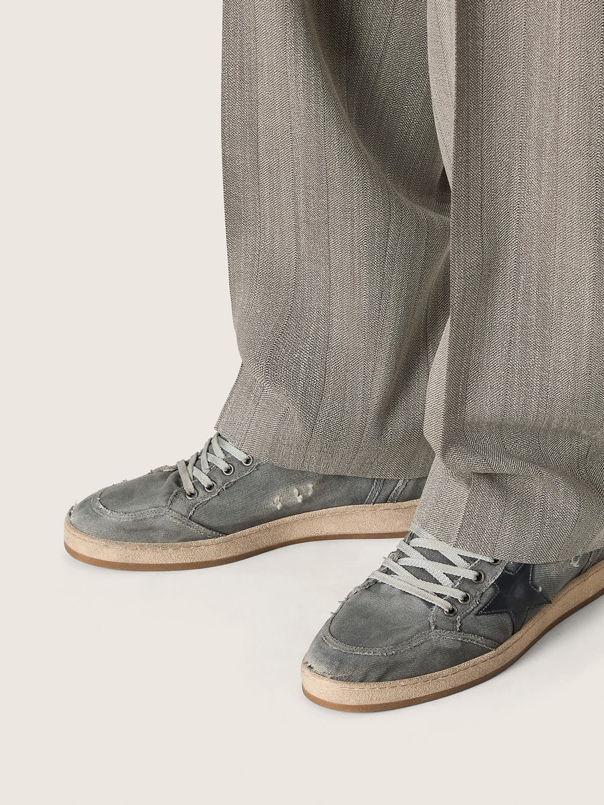 Golden Goose Mens Ball Star Ltd In Gray Denim With Black Leather Star Mens
