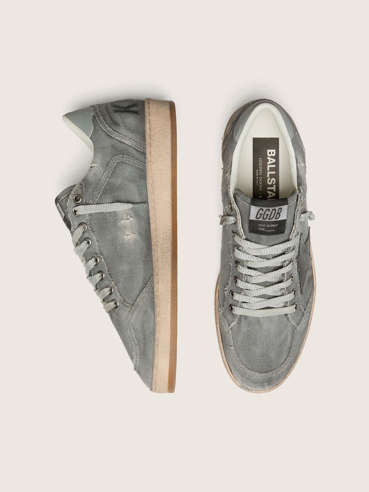 Golden Goose Mens Ball Star Ltd In Gray Denim With Black Leather Star Mens