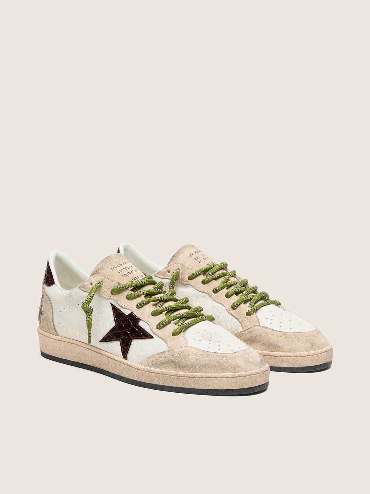 Golden Goose Mens Ball Star In White Leather With Burgundy Croc-Effect Star Mens