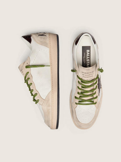 Golden Goose Mens Ball Star In White Leather With Burgundy Croc-Effect Star Mens