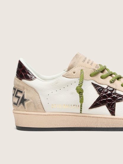 Golden Goose Mens Ball Star In White Leather With Burgundy Croc-Effect Star Mens