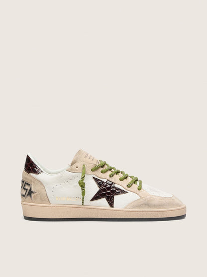 Golden Goose Mens Ball Star In White Leather With Burgundy Croc-Effect Star Mens