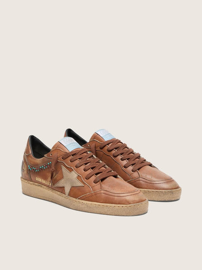 Golden Goose Mens Ball Star In Brown Leather With Beige Suede Star And Beads Mens