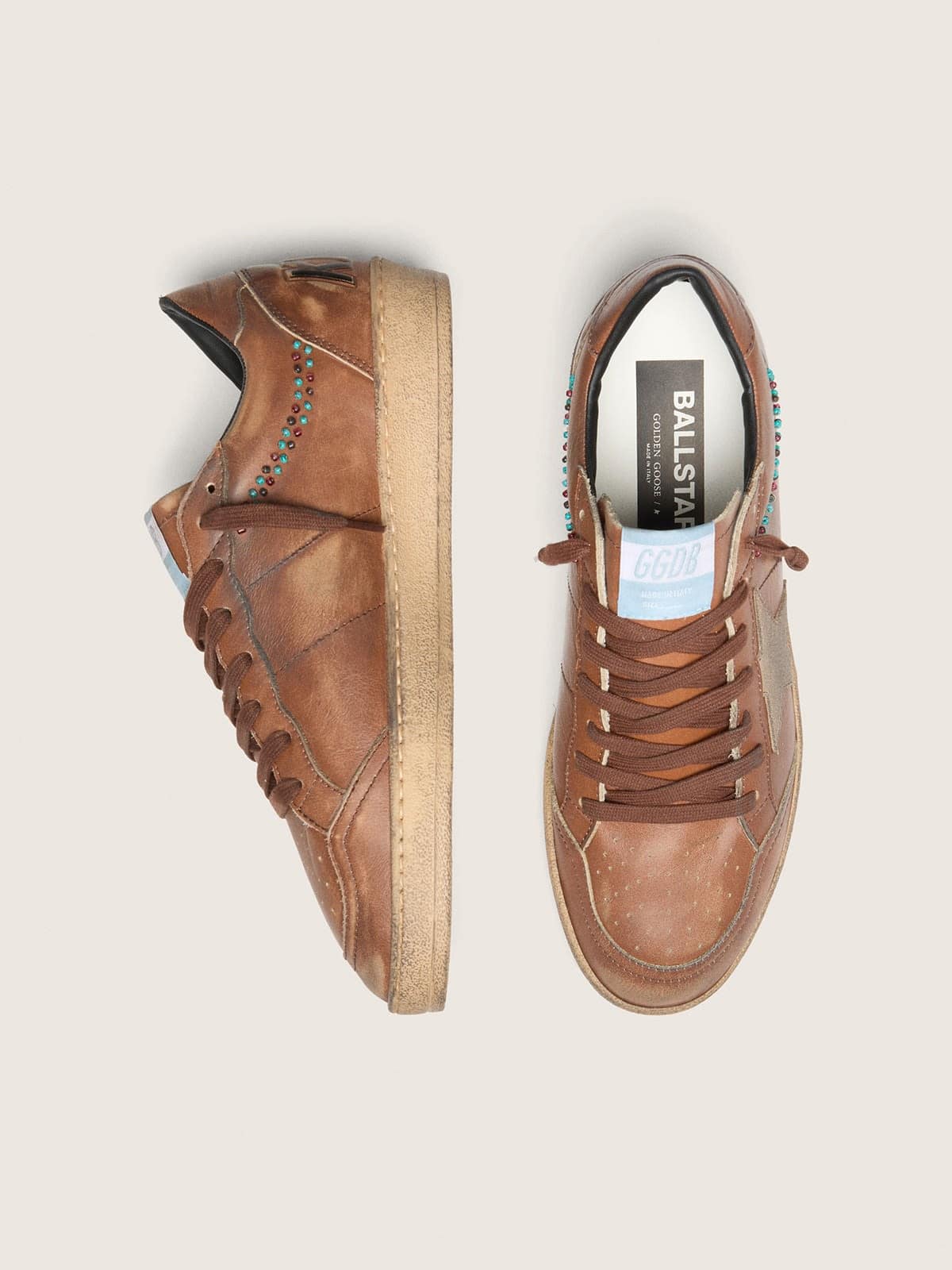 Golden Goose Mens Ball Star In Brown Leather With Beige Suede Star And Beads Mens