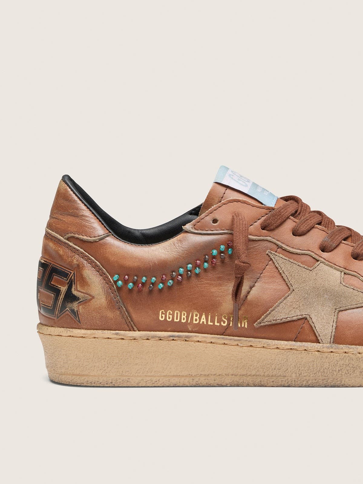 Golden Goose Mens Ball Star In Brown Leather With Beige Suede Star And Beads Mens