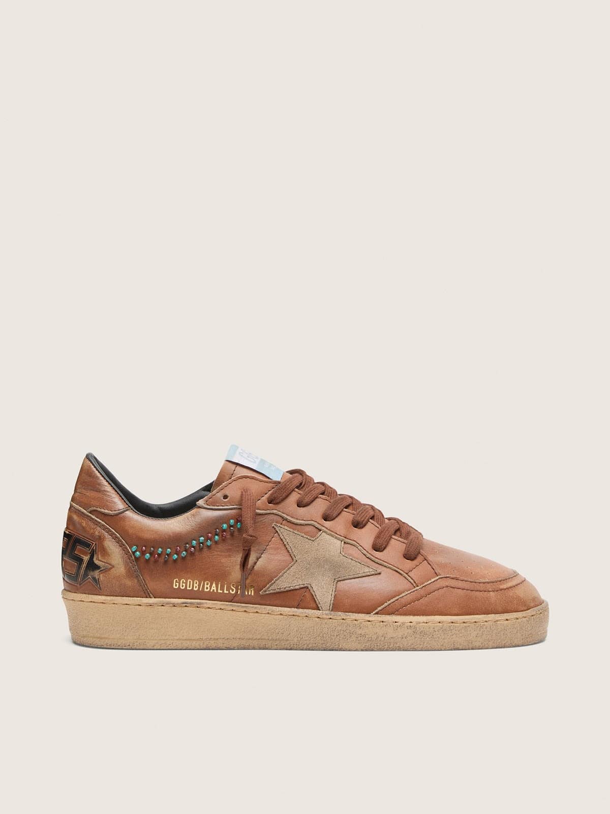 Golden Goose Mens Ball Star In Brown Leather With Beige Suede Star And Beads Mens