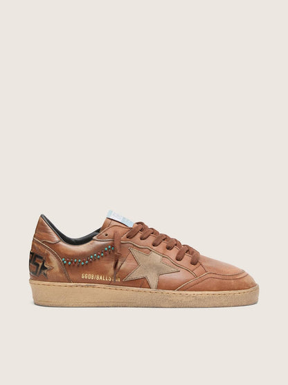 Golden Goose Mens Ball Star In Brown Leather With Beige Suede Star And Beads Mens