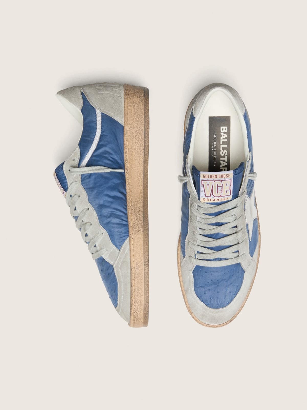 Golden Goose Mens Ball Star In Denim-Blue Nylon With Light Gray Suede Inserts And Metallic Silver Leather Star Mens