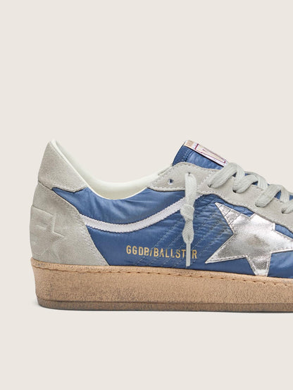 Golden Goose Mens Ball Star In Denim-Blue Nylon With Light Gray Suede Inserts And Metallic Silver Leather Star Mens