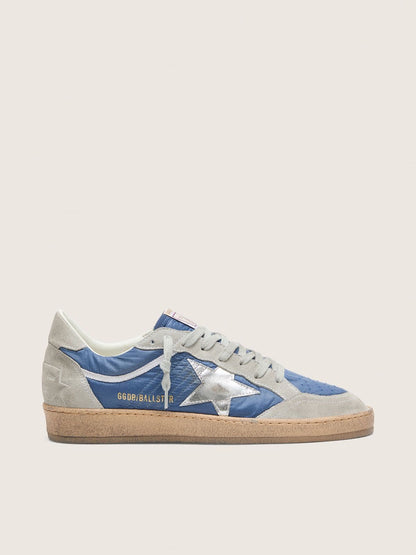 Golden Goose Mens Ball Star In Denim-Blue Nylon With Light Gray Suede Inserts And Metallic Silver Leather Star Mens