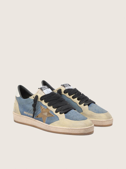 Golden Goose Mens Ball Star Ltd In Denim Blue Suede With Metallic Gold Leather Star Mens